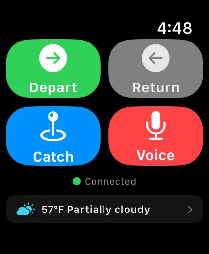 Apple Watch companion app with drift, catch, and voice buttons
