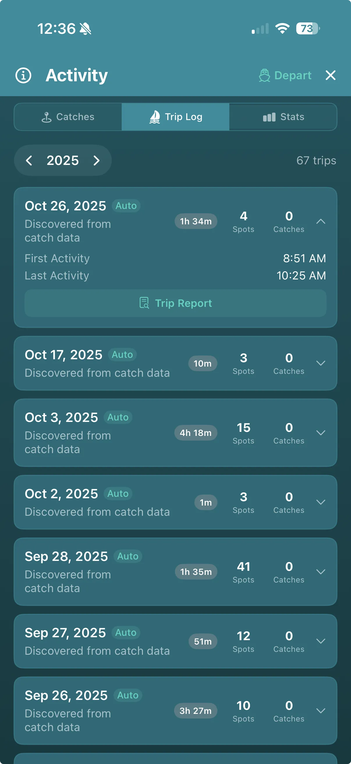 Trip Log showing 67 auto-discovered trips with stats